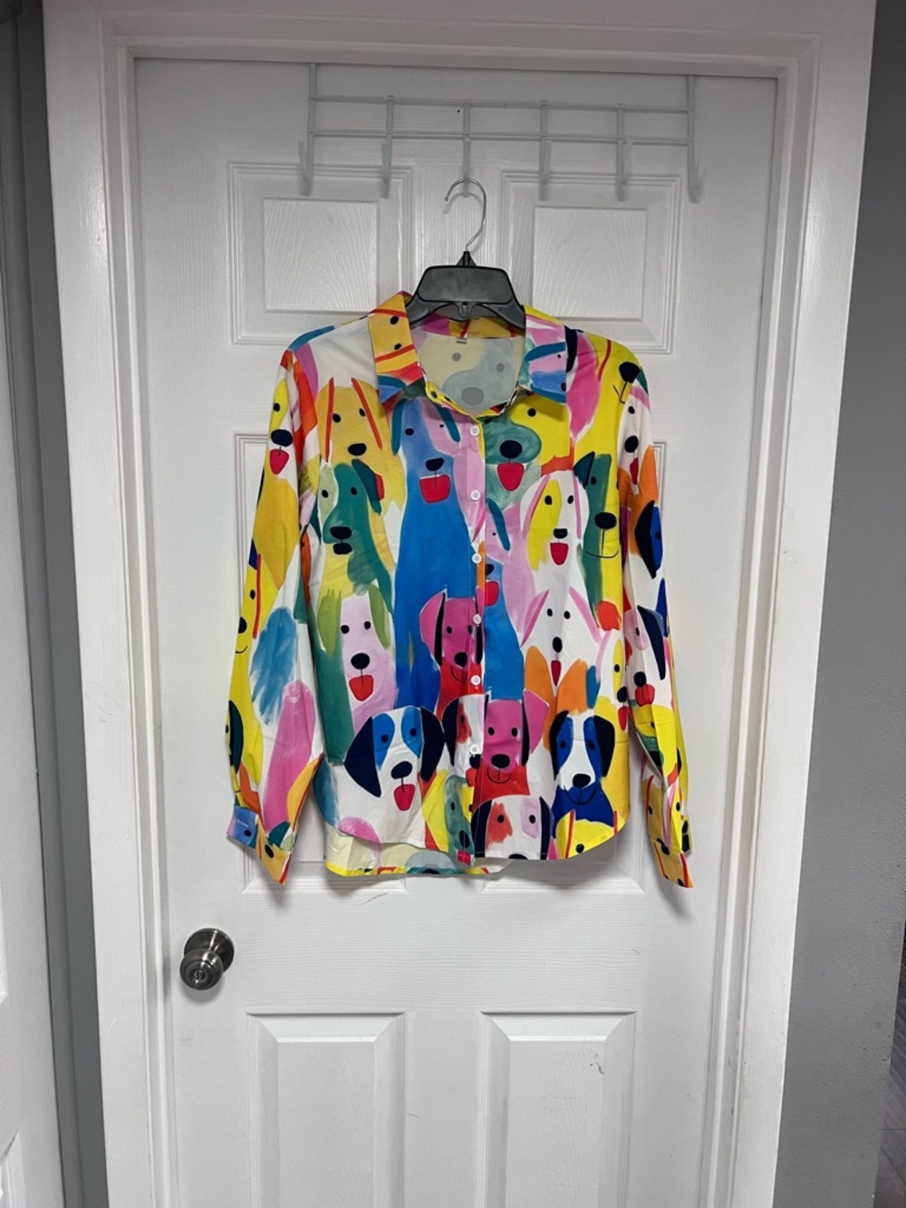 Colorful Dog Print Button-Up Shirt - Multicolor Size L